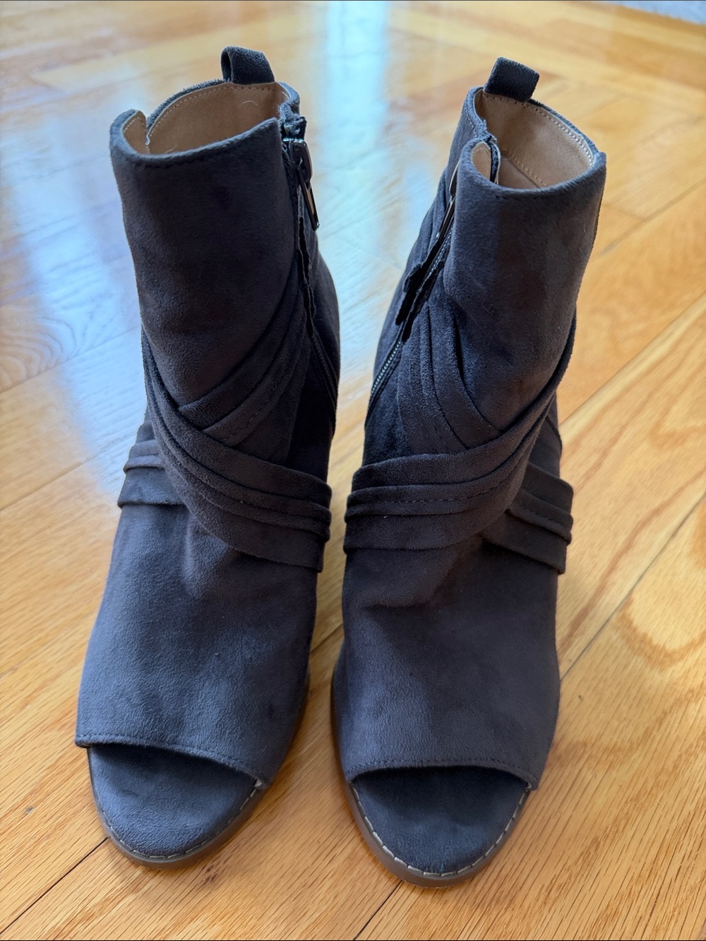 Peep-Toe Ankle Booties in Dark Gray